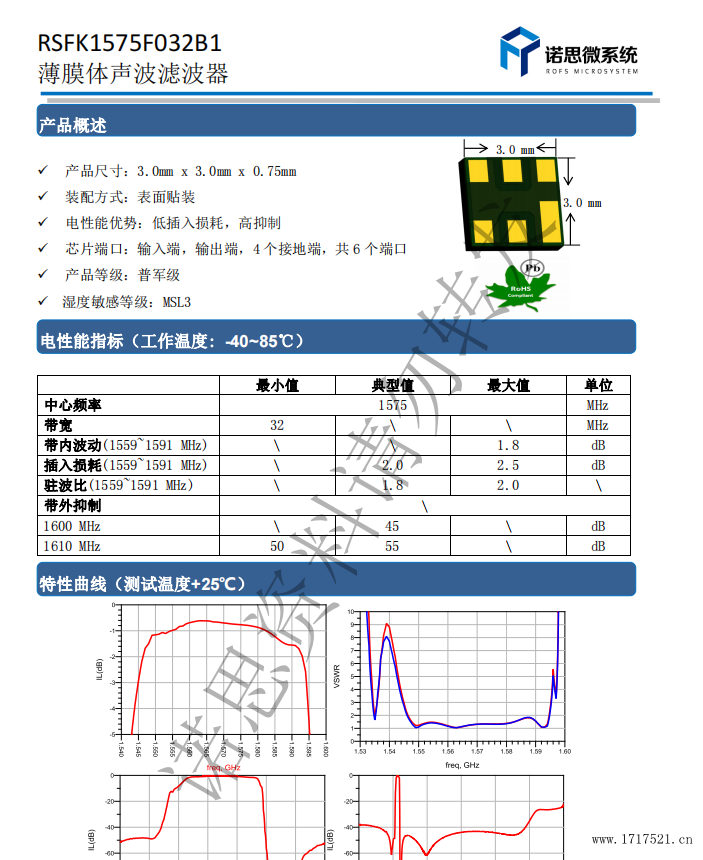 fbar滤波器RSFK1575F032B1参数